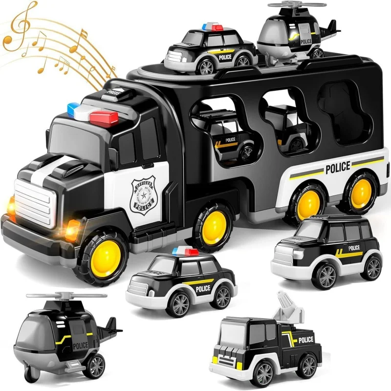 Ensemble de jouets de véhicule d'ingénierie de voiture de police équipé de musique LED avec 3 petites voitures 1 hélicoptère cadeau de puzzle sensoriel d'anniversaire pour enfants