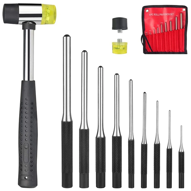 Roll Pin Punch Set With Storage Pouch, 9 Piece Steel Removal Tool Kit