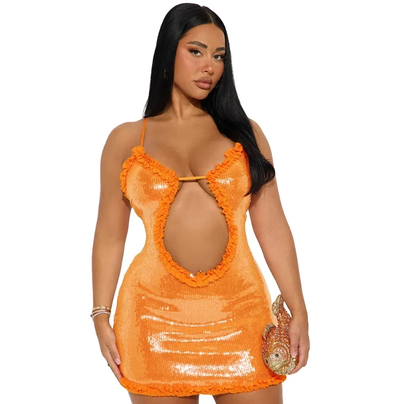 Sukienka mini na ramiączkach z falbankami i cekinami, damska, seksowna, z wycięciami, na ramiączkach spaghetti, bez pleców, obcisła, na imprezę w klubie nocnym, na urodziny.