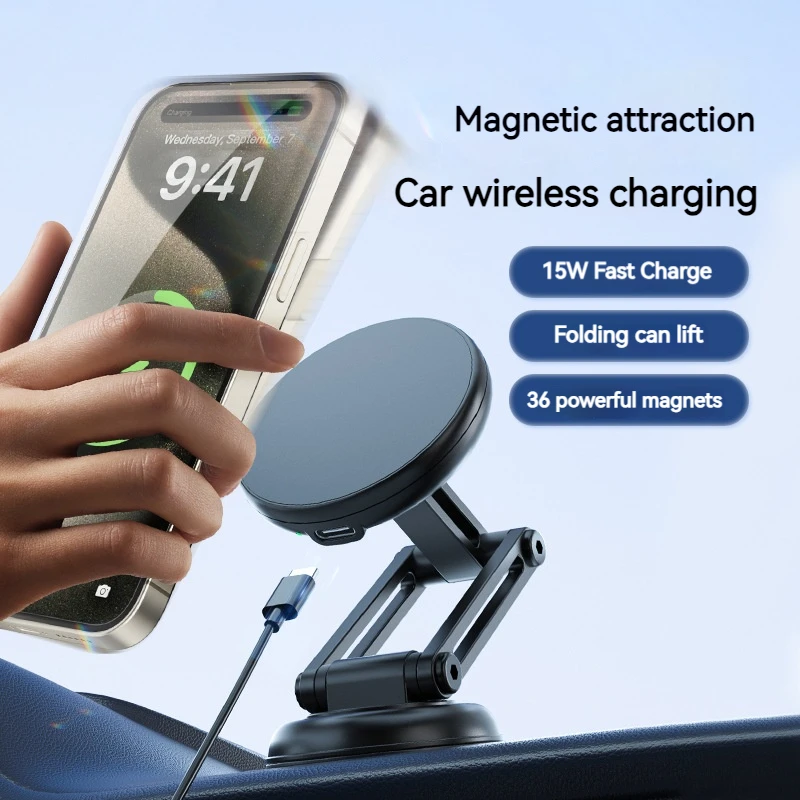 15W Magnetic Car Wireless Charger Holder Metal Foldable Phone Bracket for Iphone 15 14 13 11Pro Max Samsung Suporte Celular Para