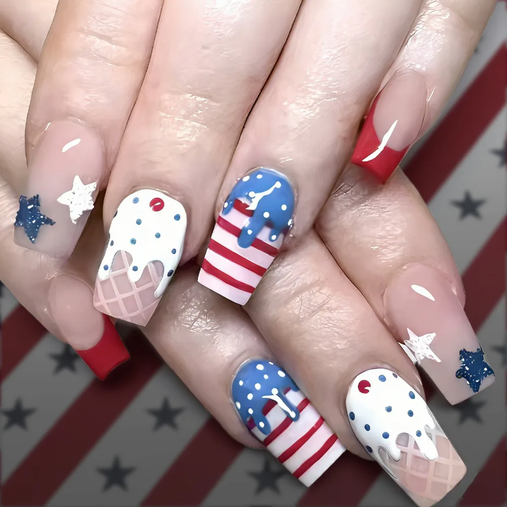 

Short Medium Square Ballet Fake Nails Tip for American Independence Day Blue Red Stripe Star Flag Press on False Nails Ice Cream