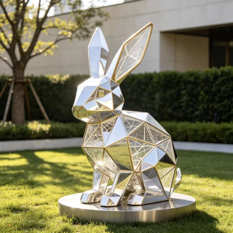 stainless steel geometric rabbit sculpture ornaments for scenic area sculpture parks and courtyard decorations can be customized