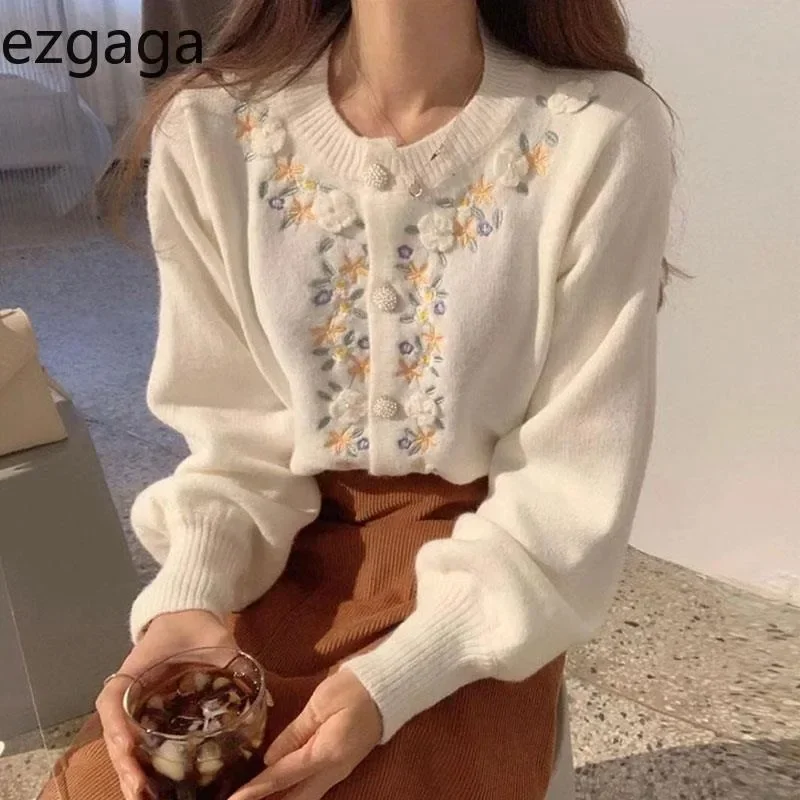 Ezgaga Knitted Cardigan Women Vintage Embroidery Flowers O Neck Single Breasted Loose Outwear Sweater Elegant Ladies Chic