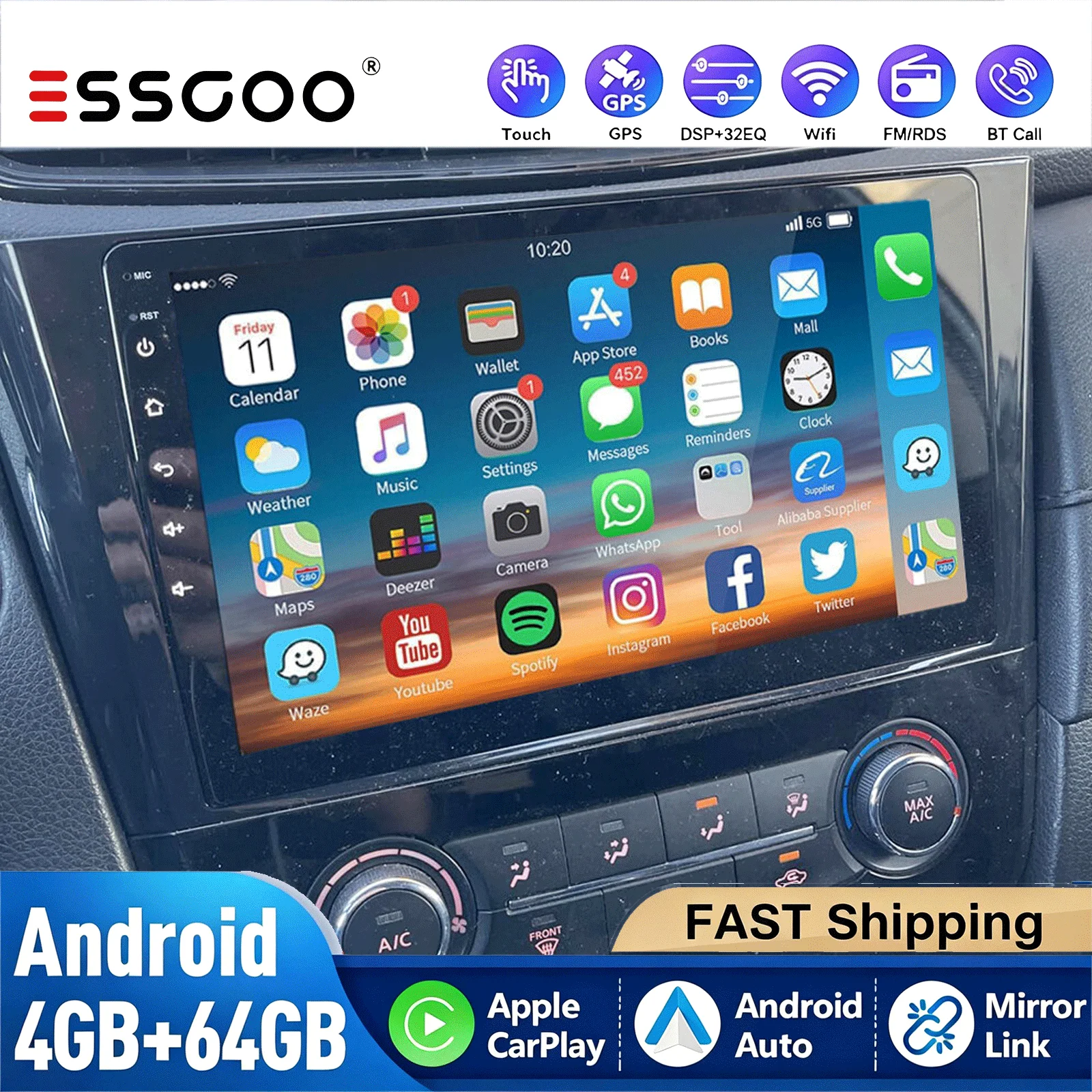 ESSGOO 4+64G Für Nissan X-Trail 2013-2017 Kabelloses CarPlay Android Auto Autoradio GPS RDS WiFi BT Multime IPS Bildschirm DAB+ Kamera
