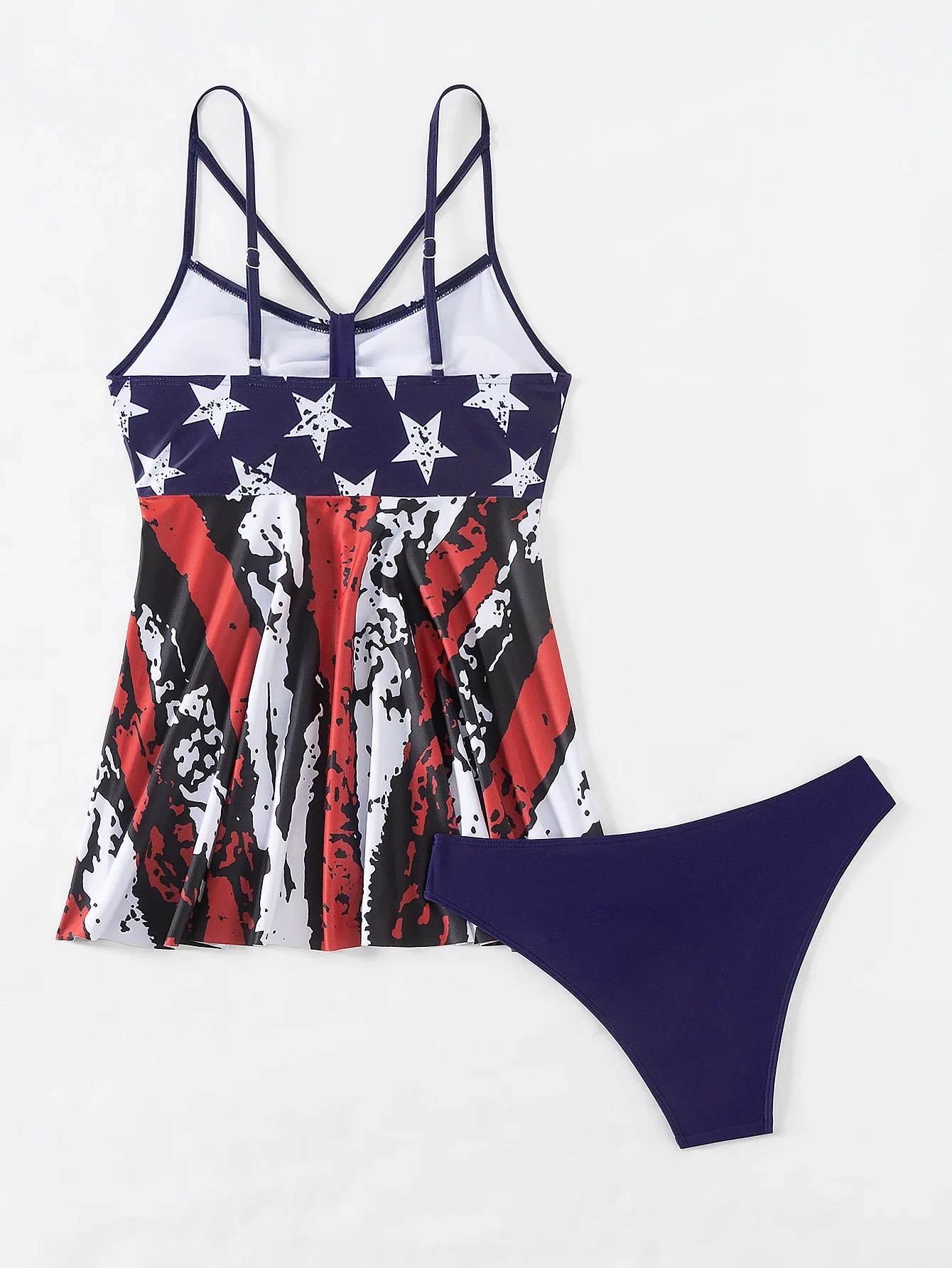 Women's 2-piece Tankini Swimsuit 2024 Summer New Beach Vacation Sling Backless Bikini Dark Blue American Flag Style Bathing Suit