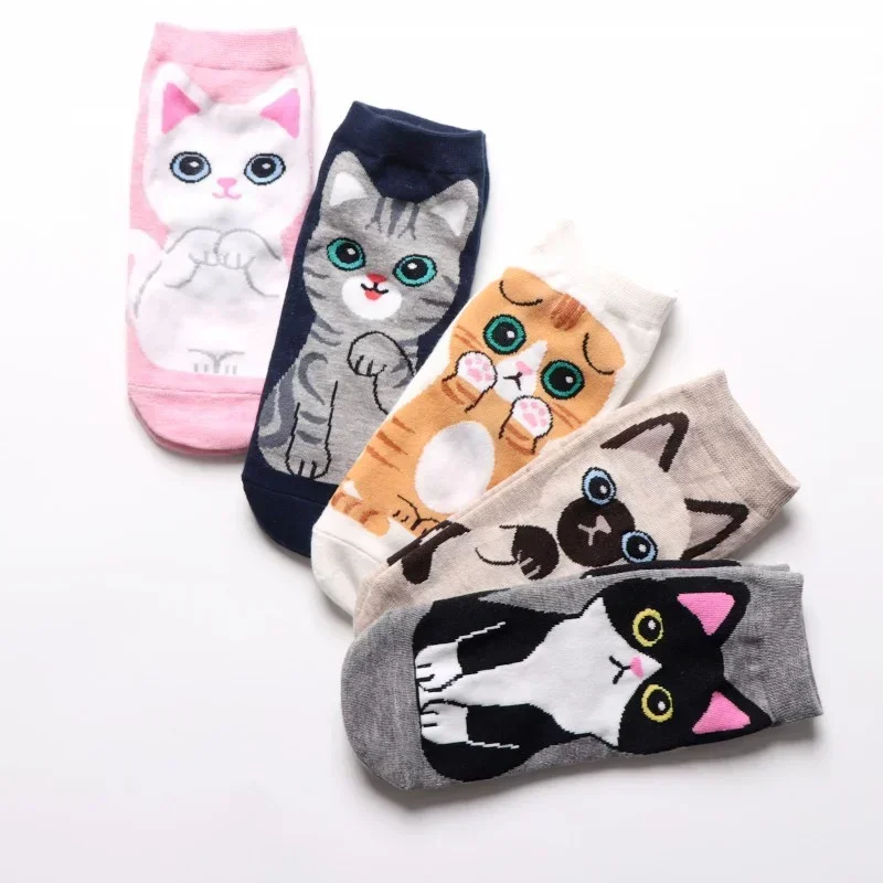 Cartoon Kawaii Women Cat Print Short Socks Cute Animal Patterned Cotton Ankle Socks Student Dog Printed Socks Female White