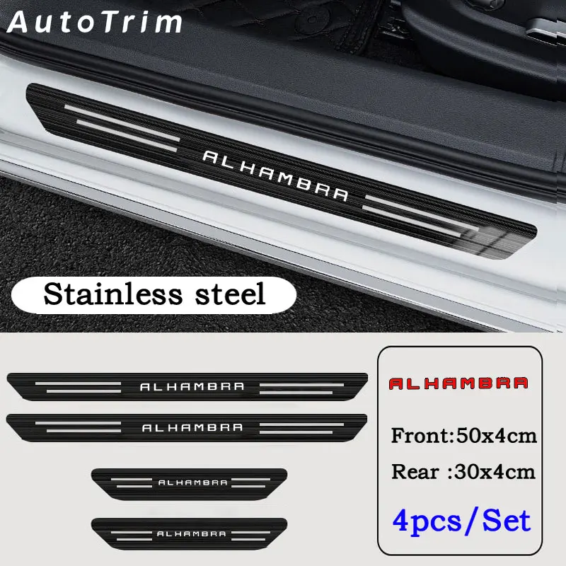 

4pcs Car Stainless Door Sill Strip 3D Metal Brushed Black Threshold Sticker Protection Decorative Strip for Seat Alhambra