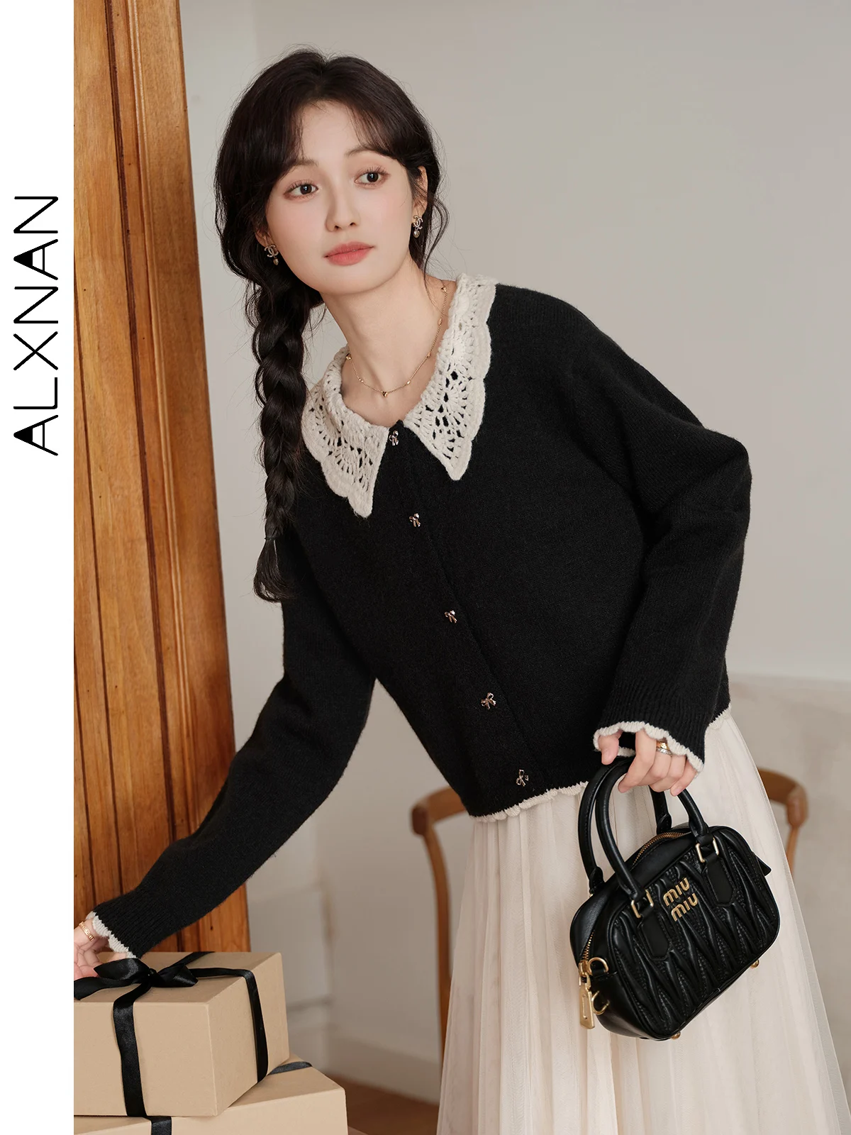 ALXNAN Women's Knitted Patchwork Plus Size Sweater Lapel Collar Bow Buttons Contrast Color Cuff&Hem Fall Winter Cardigans D08059