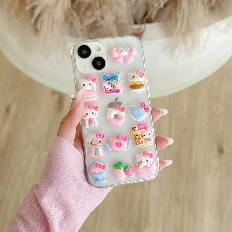 3D Kawaii Cute Cartoon Sanrio Hello Kitty  Phone Case For iPhone 15 Pro 14 13 12 11 Pro Max Clear Shockproof IMD Cover