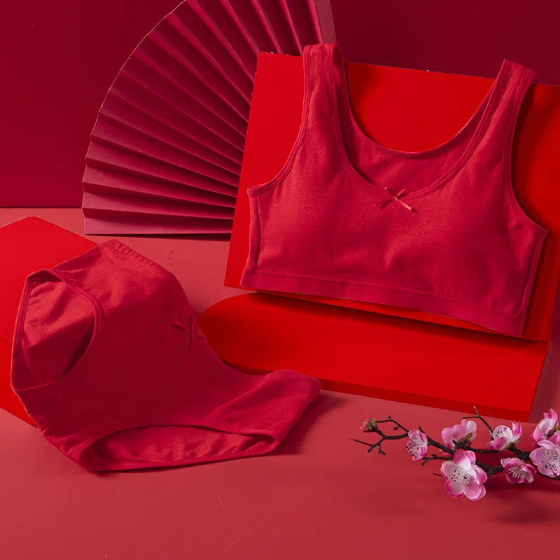 2PCS set for girls children's daily red women's bra and underwear set kids bra vest for girls in development women's daily bra