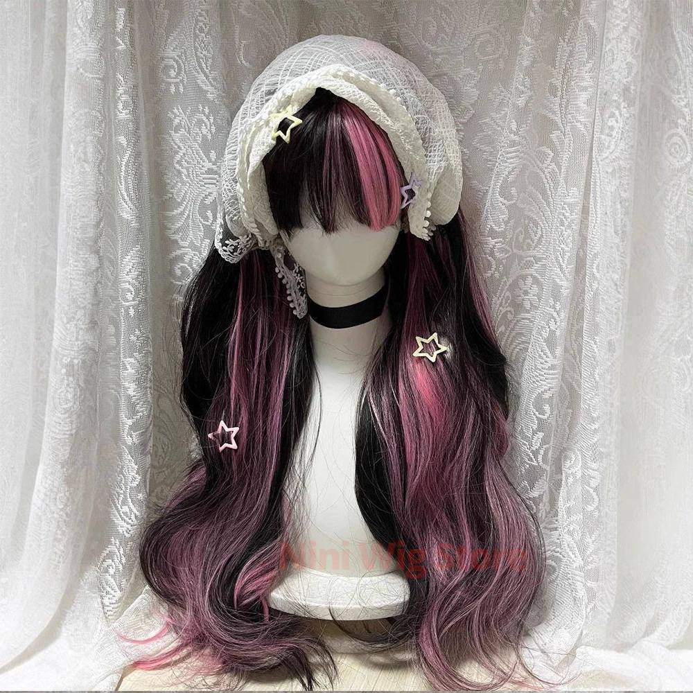 Black Pink Long Wave Lolita Wig with Bangs Curly Hair Synthetic Wigs for Women Cosplay Party Halloween Daily Use Heat Resistant