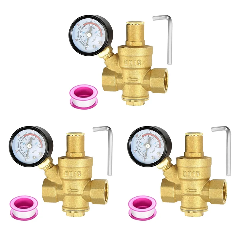 

3X регулятор давления воды 1/2 дюйма с манометром, твердость, латунь, регулируемый редукционный клапан давления воды