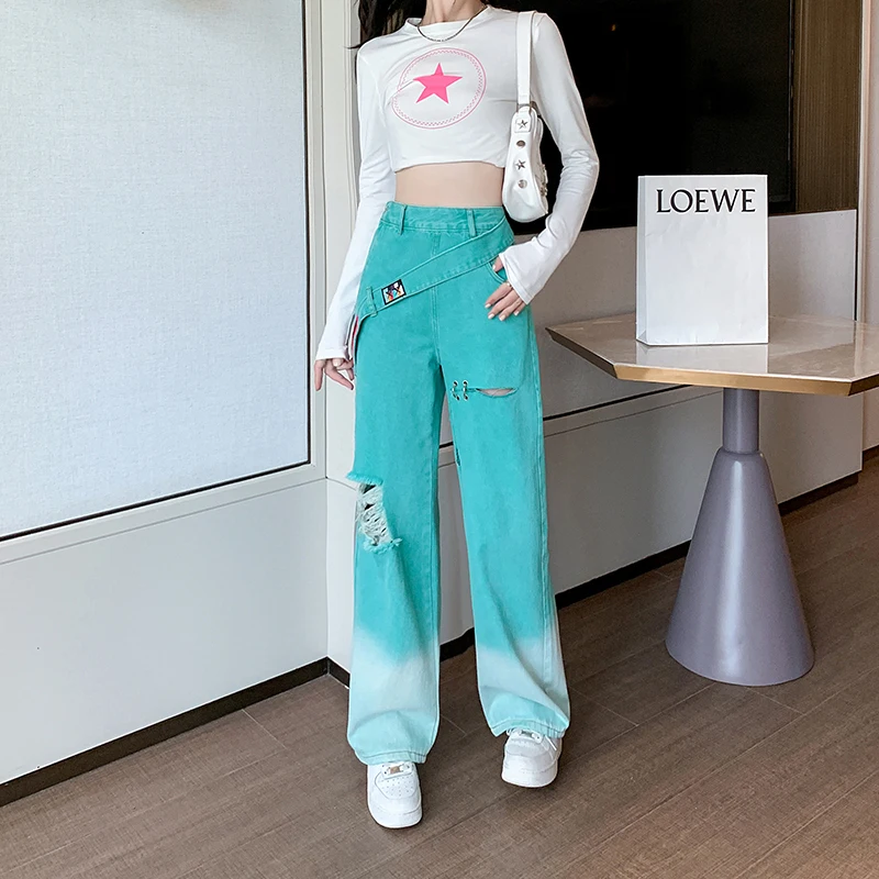 2024 New Spring Autumn Women Jeans Pants Streetwear Style Fashion Straps Ripped Gradient Color Denim Wide Leg Long Pants