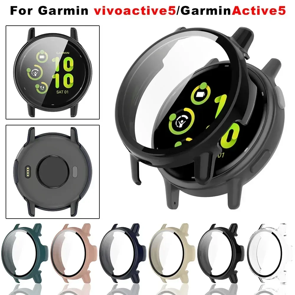 حافظة جديدة من الزجاج المقسى + PC لهاتف Garmin Vivoactive 5 مضادة للخدش واقي للشاشة غطاء حماية لـ Garmin Active 5 Shell