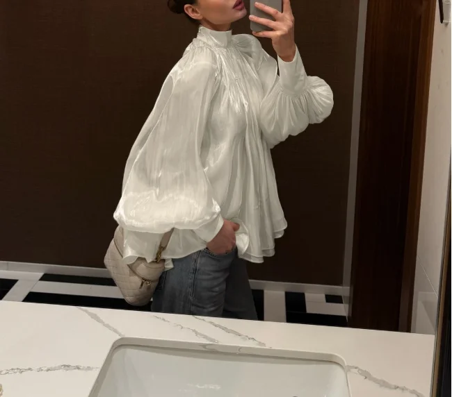 Women's Chiffon Shirt Summer New Style French Luxury Double Layer Silk Satin Stand Up Collar Lantern Sleeve Design Chiffon Shirt