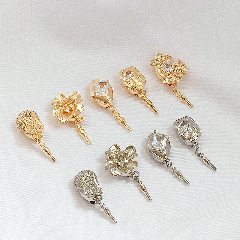 

14K Gold-plated Zircon Inlaid Bow Flower Bud Ingot Clasp Handmade Diy Bracelet Necklace with Stick Clasp Connection