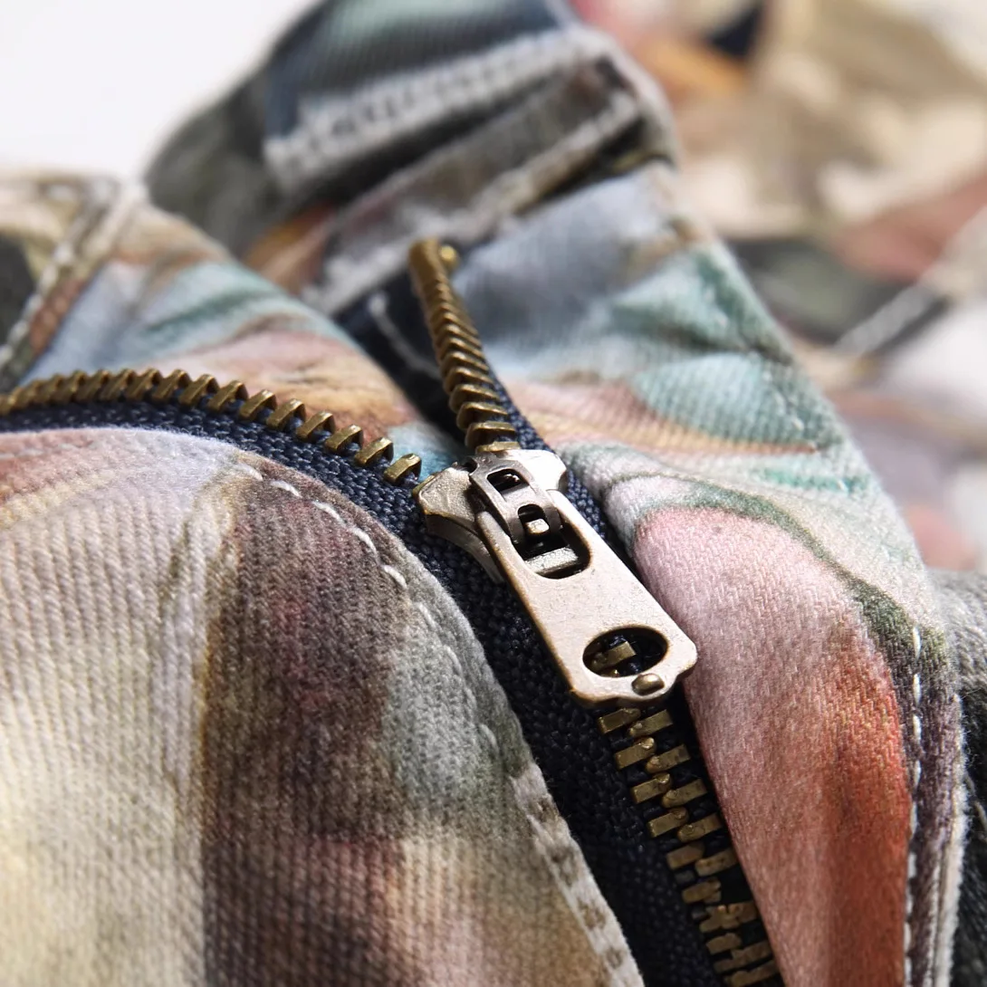 الدنيم سروال شكل قلم رصاص الرجال طباعة الجينز غسلها منتصف الخصر جيوب خمر الدينيم المستقيم 2024 الشارع الشهير الكاحل طول بنطلون #4