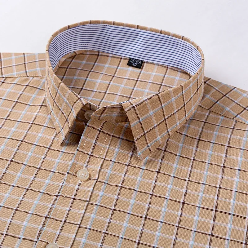 Men's High-quality Oxford Cotton Short Sleeved Shirt for Summer Comfort Breathable Classic Solid Color Plaid Business Leisure
