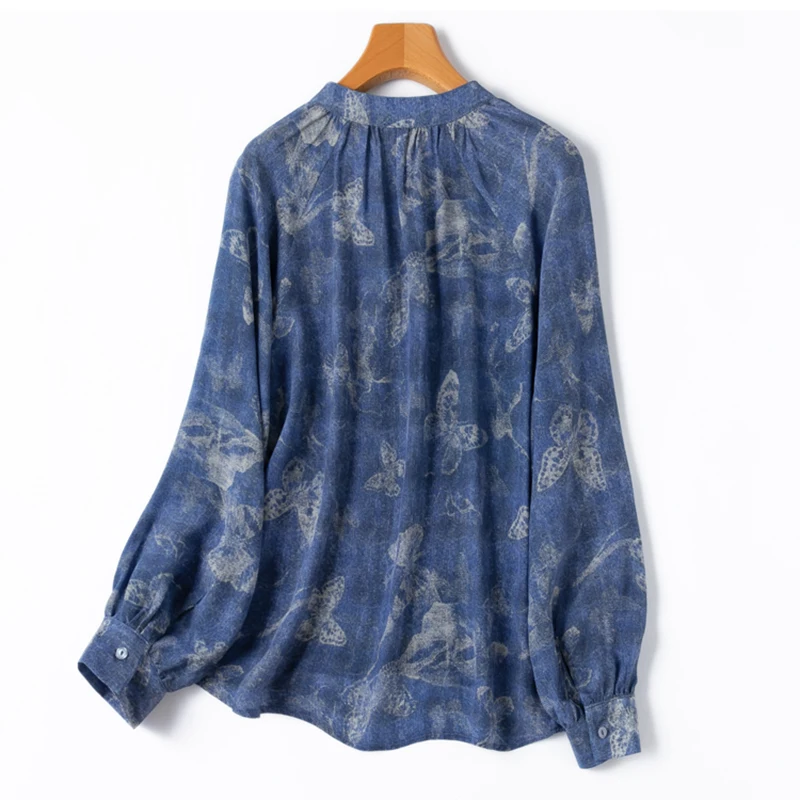 Women Silk Blouse 100% Mulberry Crepe Silk Denim Blue Butterfly V Neck Pullover Top Shirt Office Lady M1208