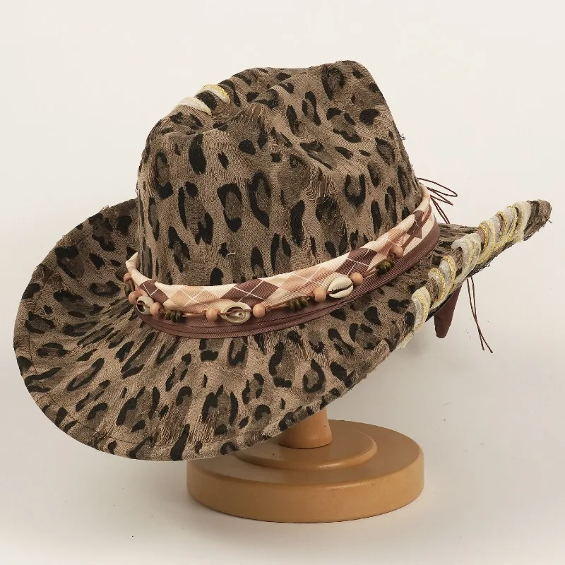 Leopard Print Western Cowboy Hat Outdoor Sun Protection Knight Cap Travel Sunhat Vintage Decorative Fedora Light Breathable Wide