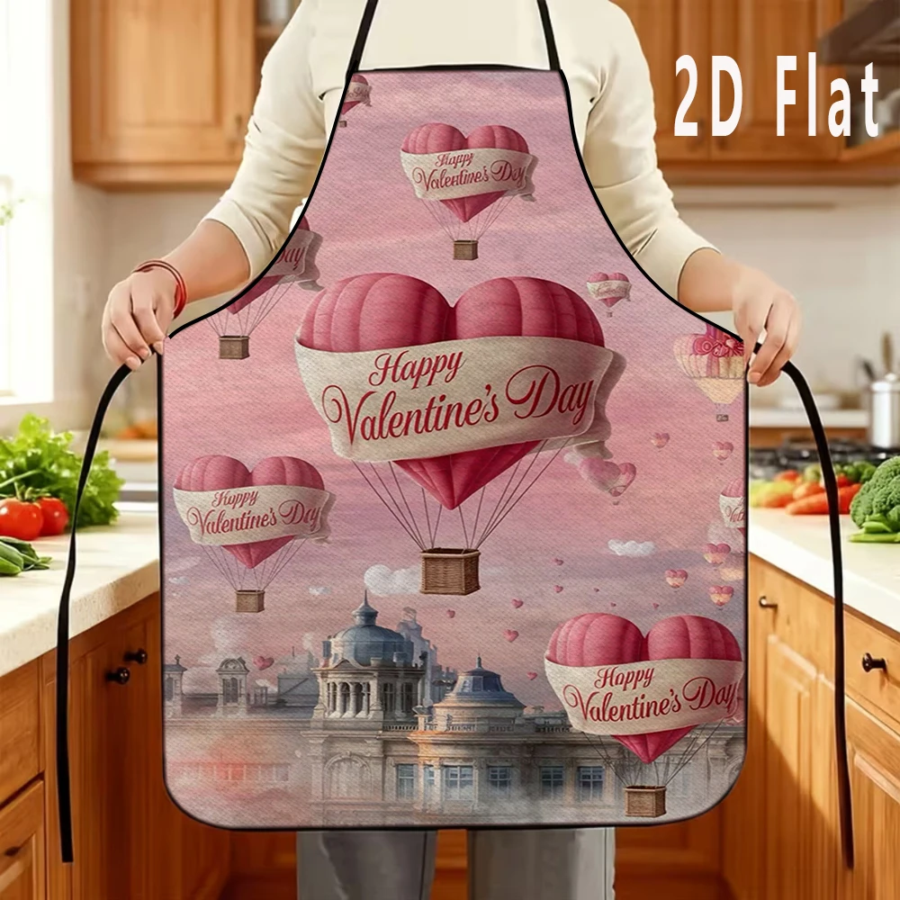 

1pc 2D Flat Valentine's Day Heart-shaped Hot Air Balloon Print Apron, 60x80cm, Kitchen/Restaurant Apron, BBQ Apron, Durable
