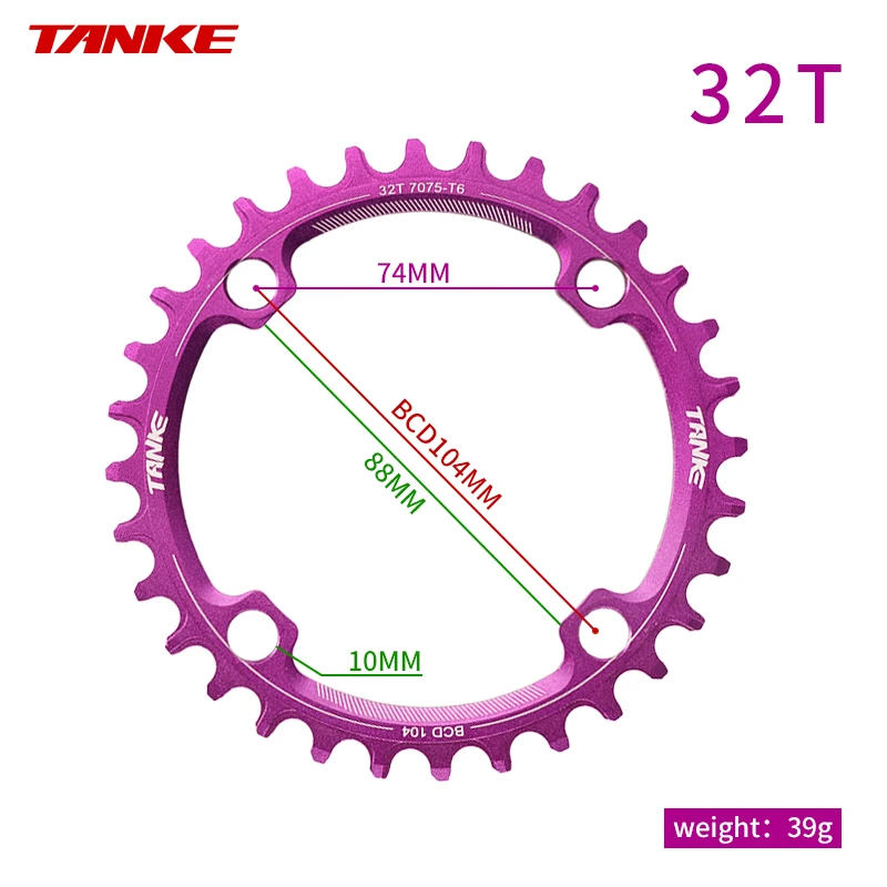 TANKE 104 BCD MTB Monoplate Kettenblatt Rund Narrow Wide 32T 34T 36T 38T 40 Zähne Einzelblatt Komplett-Kettenblatt für E-Bike