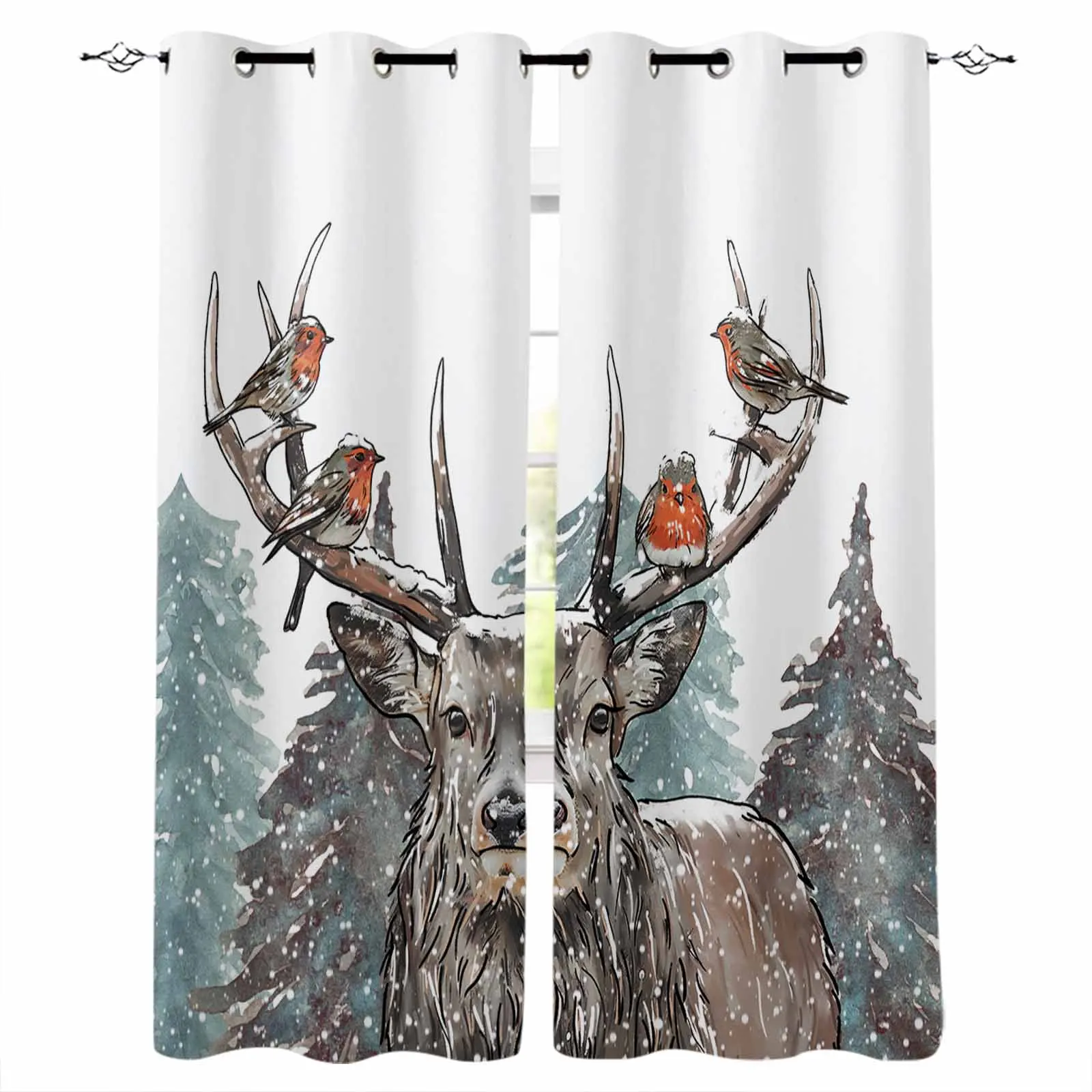 Christmas Snow Scene Hand Painted Deer Curtains for Living Room Bedroom Decorative Window Treatment Drapes Kitchen Curtains