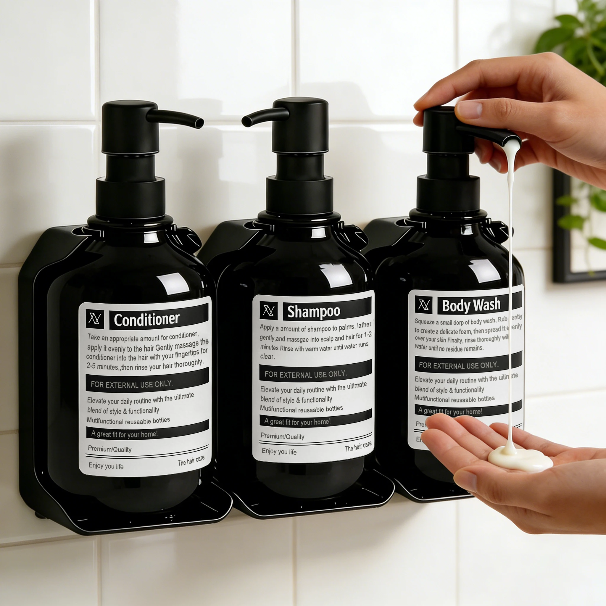 conjunto-de-dispensadores-de-shampoo-e-condicionador-montados-na-parede-para-banho-kit-frascos-recarregaveis-com-etiquetas-impermeaveis-e-bomba-prateada