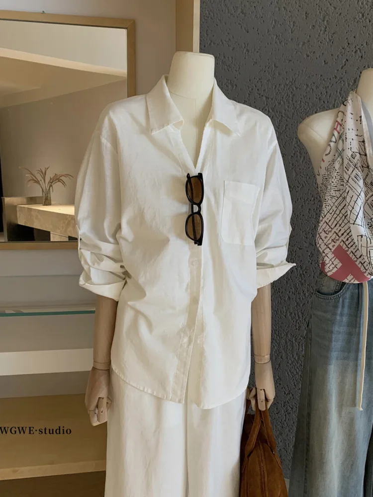 KWTX 여성용 화이트 캐주얼 셔츠 & 팬츠 세트 2피스 의상 - 루즈핏 라운지웨어 (커프 소매), 우아한 오피스룩