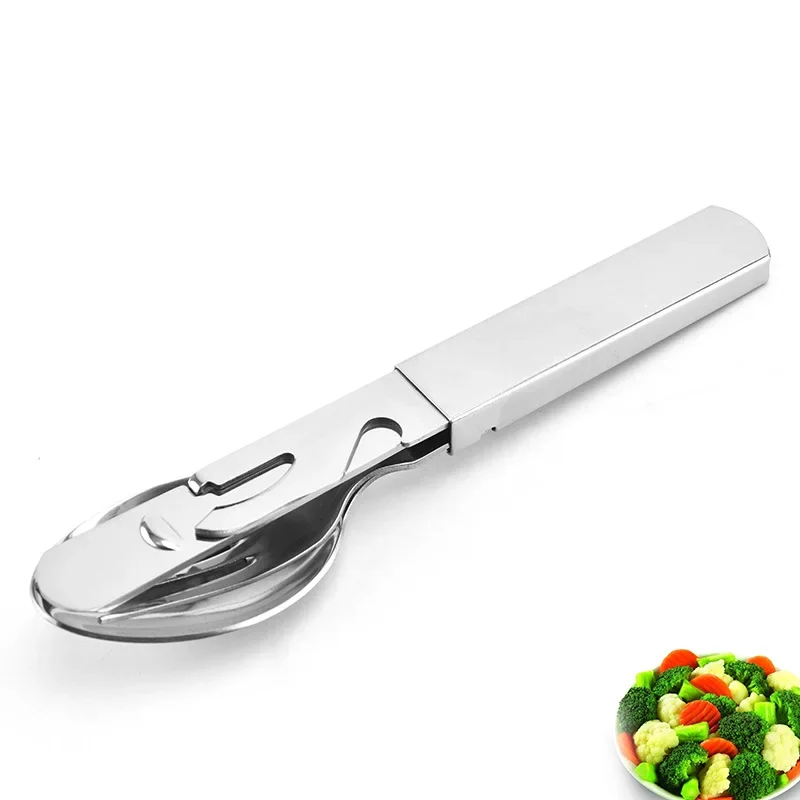 4-in-1 Portable Stainless Steel Camping Spoon, Fork, Knife and Can/Bottle Opener, Military Camping Utensils,  Travel Multitool