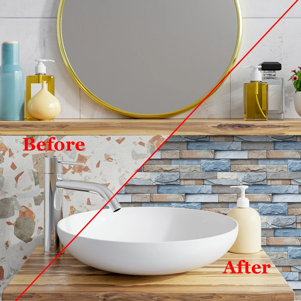 24PCS blue, brown simulation brick marble pattern 3D effect crystal kitchen stickers waterproof and oil-proof kitchen wall stick