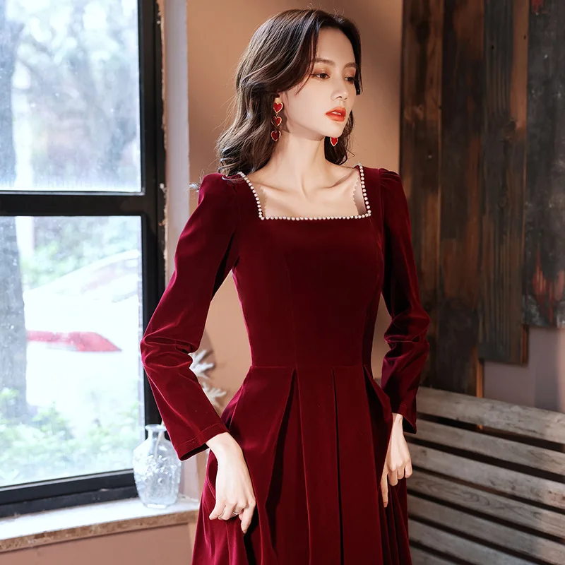 2022 New Chiense Prom Dress Burgundy Cheongsam Velvet Dresses Sexy Gown Princess Evening Party Velour Qipao Pleated Vestidos