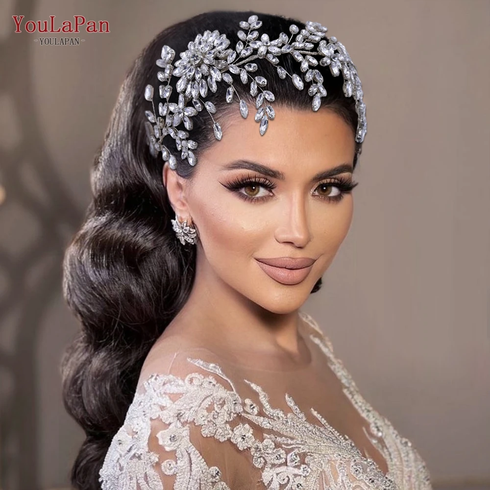 YouLaPan HP442 Bridal Headband Crystal Flower Wedding Hair Accessories Pageant Crown Silver Rhinestone Bride Headdress for Party