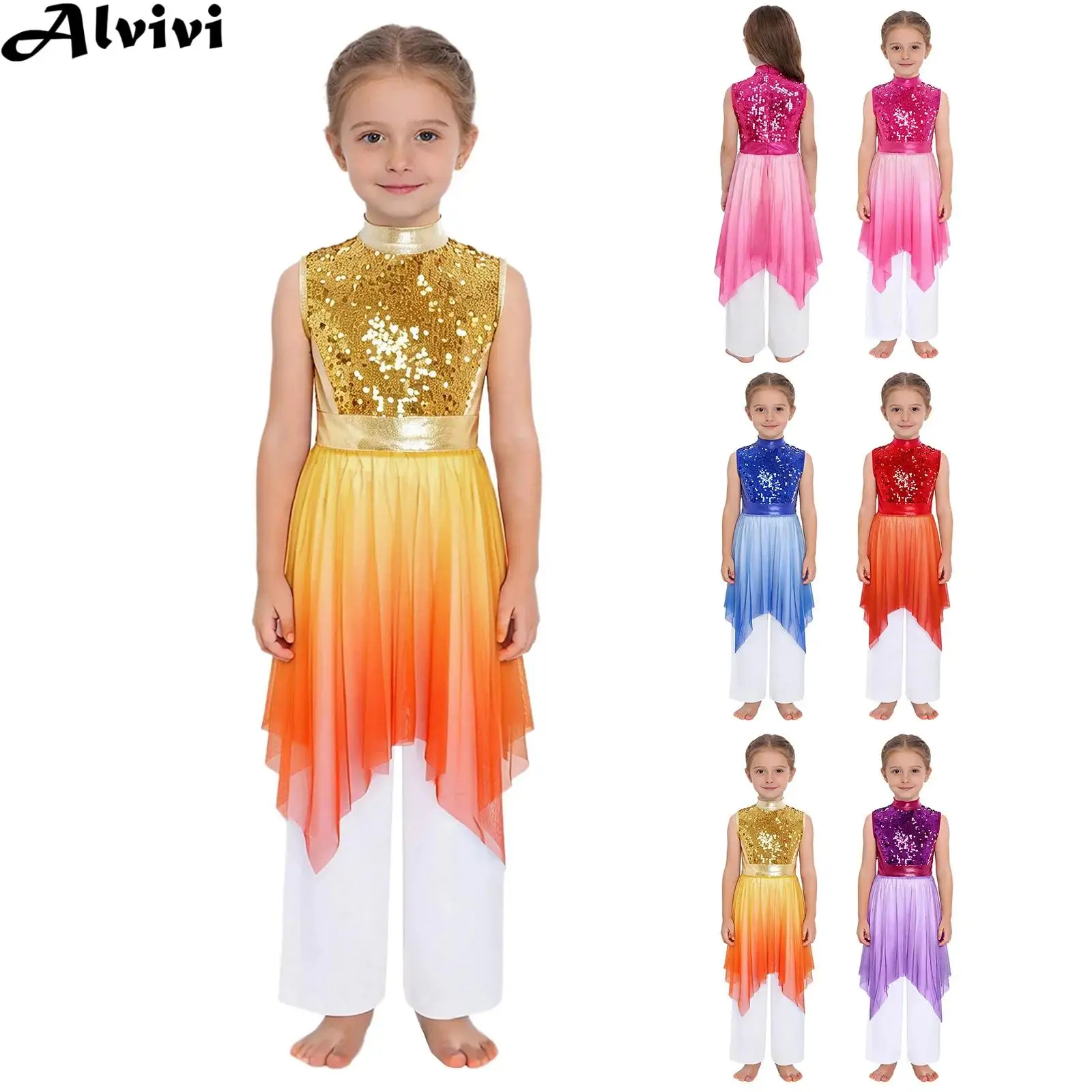 Children Girls Liturgical Worship Praise Choir Costume Sleeveless Sequins Zipper Bodice Lyrical Dance Dress Tunic with Pants