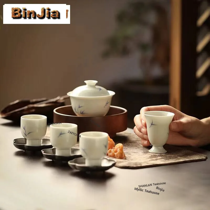 2pc/set White Porcelain Handmade Master Cup Household Hand-painted Bamboo Rhyme Cup Vintage Water Jug Smelling Cup Cafes 40ml