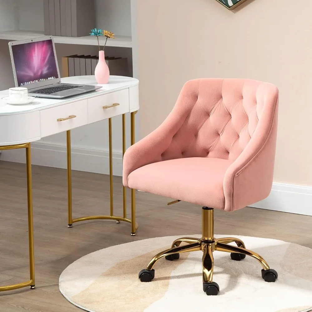 

Velvet Fabric Pink Desk Chair for Home Office, Modern Adjustable Swivel Task Chair with Gold Base, Bedroom Vanity Chair