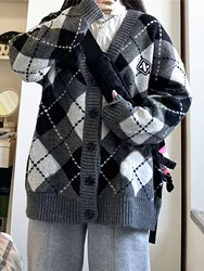 Women's Sweet Diamond Checkered Contrasting V-Neck Loose Knit Cardigan Autumn Winter Lazy Style Female Sweater Cardigan