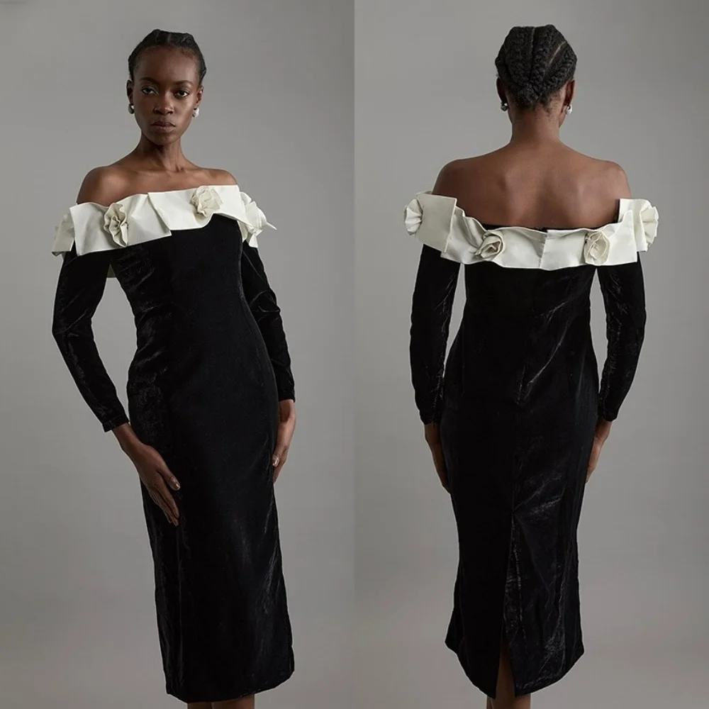 

Customized Velour Handmade Flower Off-the-shoulder Trumpet Midi Dresses Bespoke Occasion Homecoming Elegant Party Fashion
