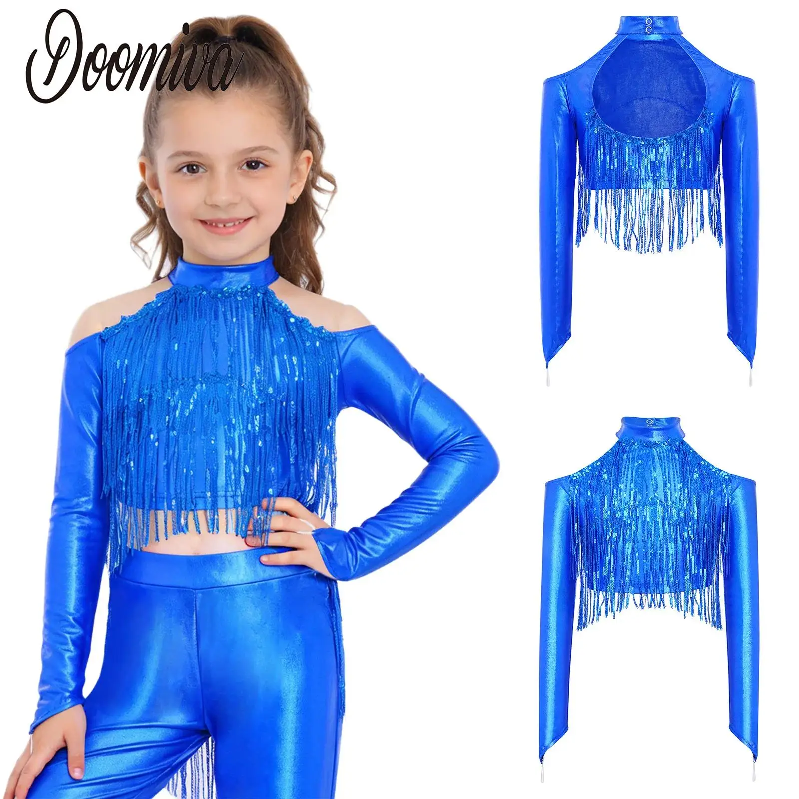 

Kids Girls Jazz Dance Top Tango Gymnastic Figure Skating Costume Shirt Cold Shoulder Long Sleeve Sparkly Sequin Tassels Crop Top
