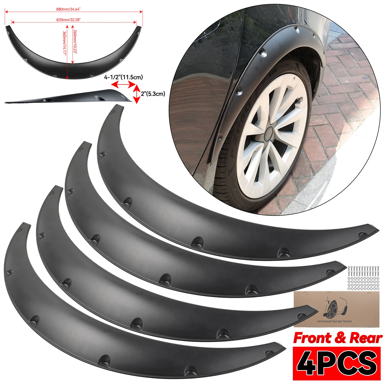 4PCS 3.5 inch Universal Flexible Car Fender Flares Extra Wide Body Wheel Arches Protector Cover