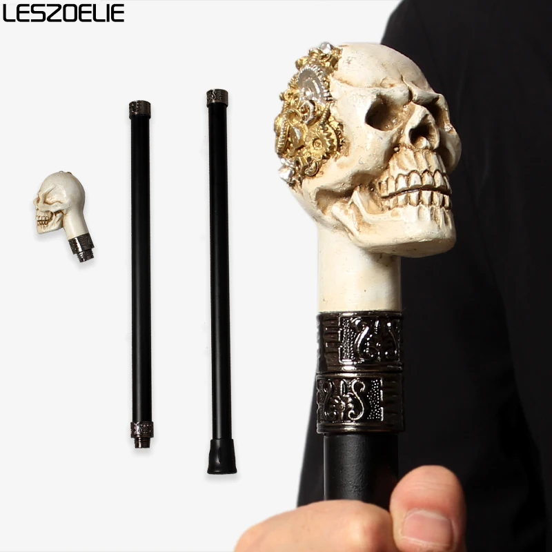 Tongkat Jalan Kepala Tengkorak Resin dengan Roda Gigi dan Sekrup Emas, Tongkat Steampunk untuk Cosplay Halloween, untuk Pria dan Wanita