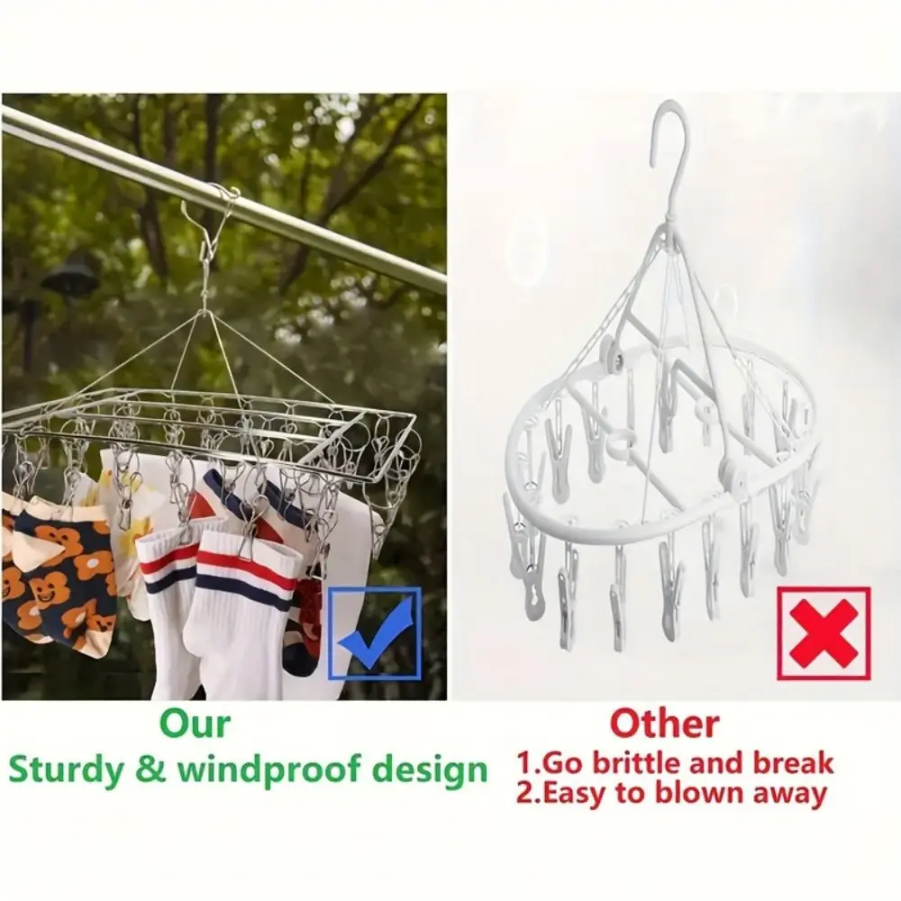 1pc Sock Drying Rack With 30 Hooks, Stainless Steel Rotatable Hanger, Windproof Drip Hanger, Foldable Sock Hanger