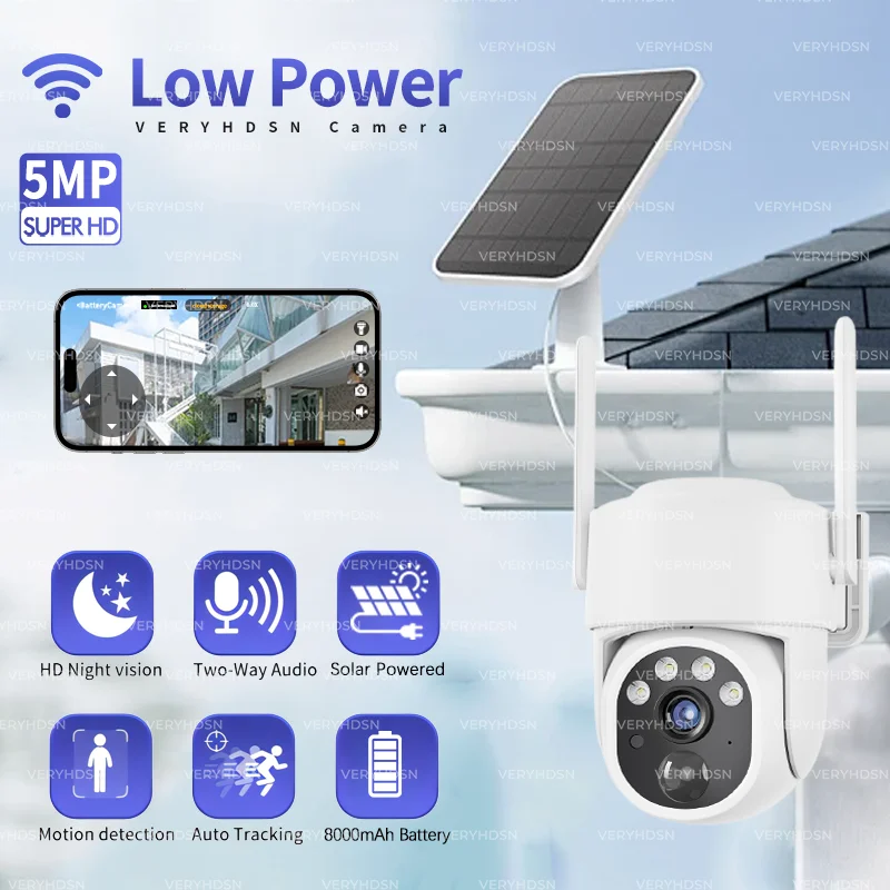 

5MP IP WiFi Camera Solar PTZ Power Low Surveillance Cameras PIR Human Detection Outdoor IP66 Comsunption Panel Built-in Battery