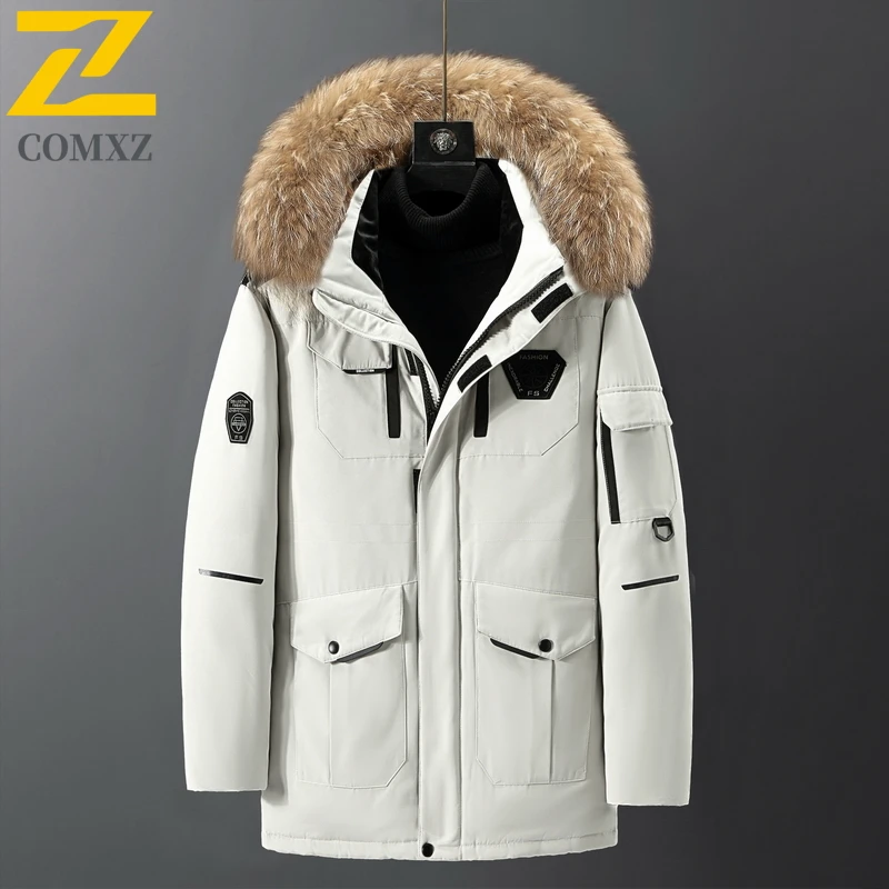 COMXZ Men Down Jacket 2025 Fashion Outdoor Skiing Thickened Warm Puffer Coat Detachable Hooded Travel Windproof Winter Parka