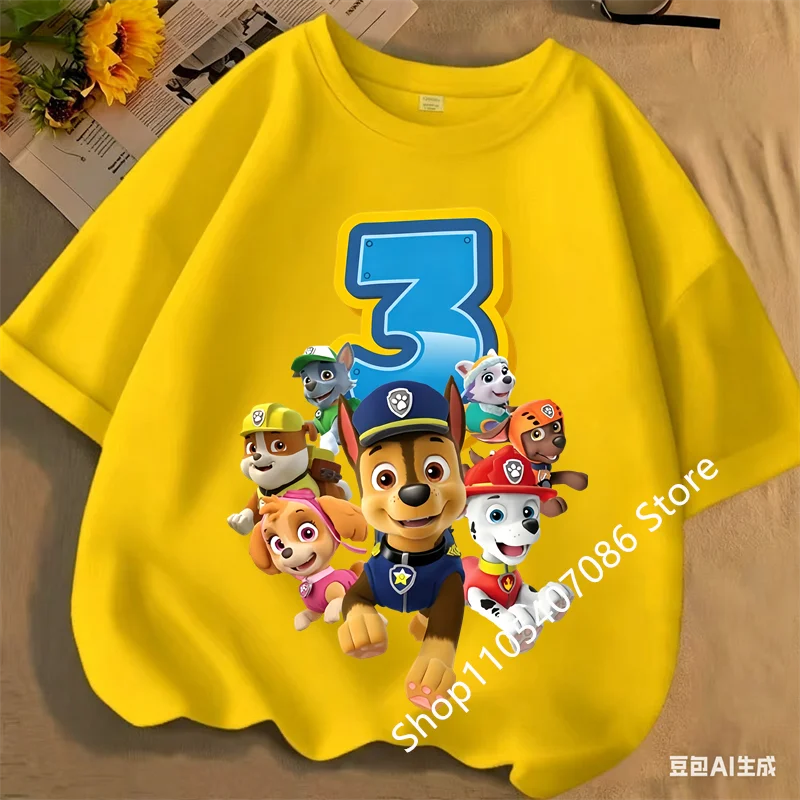 New Paw Patrol Children Clothes Birthday Number 1-9 T-Shirts Cartoon Printed T Shirt Boys Girls Short Sleeves Summer Clothing