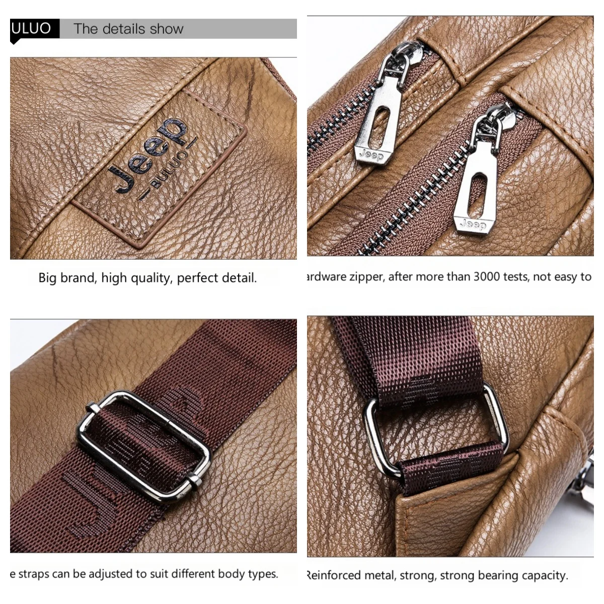 JEEP BULUO Students Travel Outdoors High Quality Brand Men Chest Bag Leather Brown Fashion Shoulder Crossbody Sling Bags College