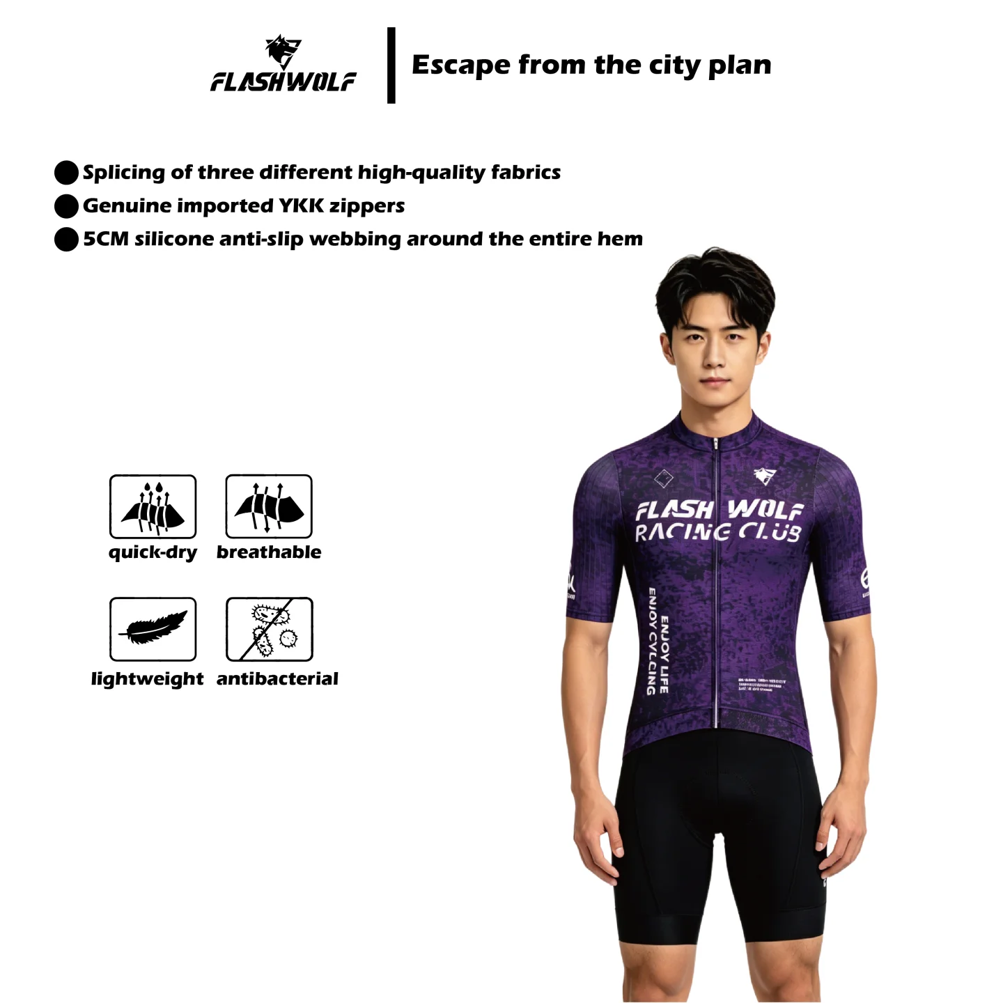 

FLASHWOLF black-purple breathable long and short-sleeved quick-dry sweat-wicking road and mountain bike cycling clothing for men