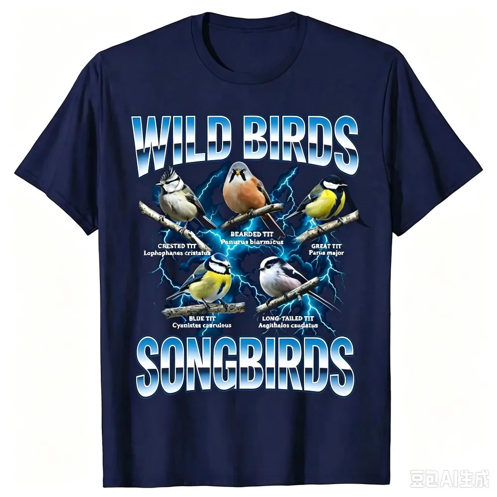 Forest Wild Birds Art Pattern Men T‑Shirt, Short Sleeve Breathable Loose Fit Daily Casual Outdoor Sports Tee