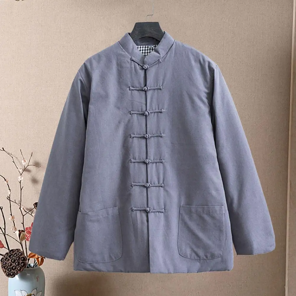 Men Tang Suit Style Cotton Coat with Stand-Up Collar Button Design Solid Color Traditional Jacket with Pockets Daily Wear