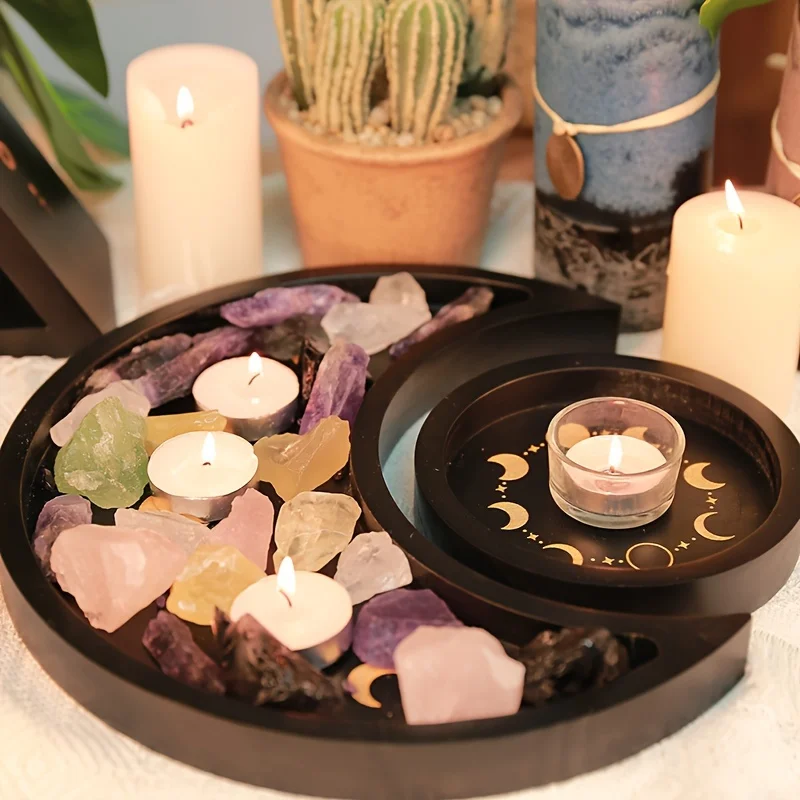 

Crescent Moon Crystal Tray Jewely Decorative Tray Wooden Rack Rock Organizer Altar Table Essential Oil Aromatherapy Storage Tray